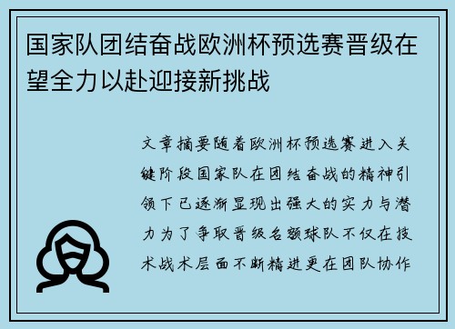 国家队团结奋战欧洲杯预选赛晋级在望全力以赴迎接新挑战