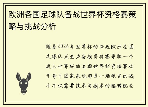 欧洲各国足球队备战世界杯资格赛策略与挑战分析