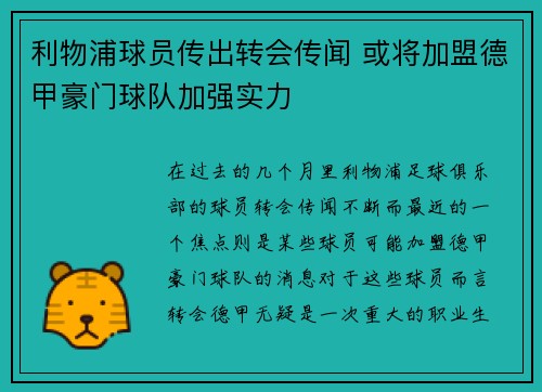 利物浦球员传出转会传闻 或将加盟德甲豪门球队加强实力