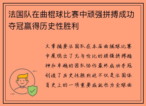 法国队在曲棍球比赛中顽强拼搏成功夺冠赢得历史性胜利