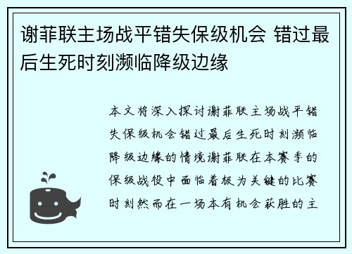 谢菲联主场战平错失保级机会 错过最后生死时刻濒临降级边缘