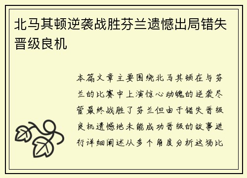 北马其顿逆袭战胜芬兰遗憾出局错失晋级良机