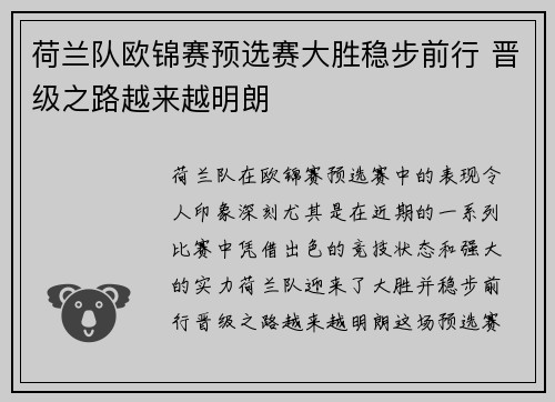 荷兰队欧锦赛预选赛大胜稳步前行 晋级之路越来越明朗